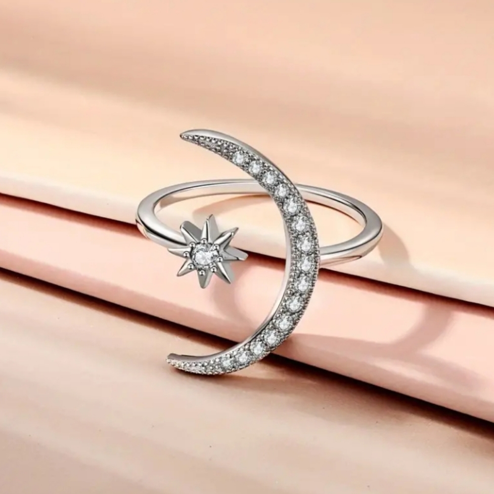 Moon Star Silvertone Ring
